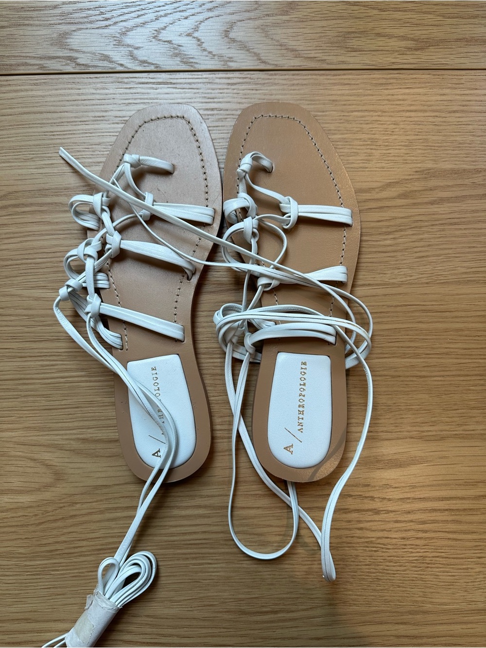 Anthropologie White Lace-Up Flat Sandals with Tan Footbed